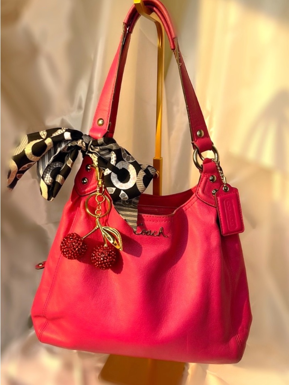 Coach Hot Pink Leather Shoulder Bag with Coach Scarf Accent